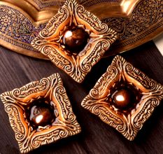 Brass Carved Square Shaped Oil Lamp Diwali  Festival Decoration Diya Pack of 3